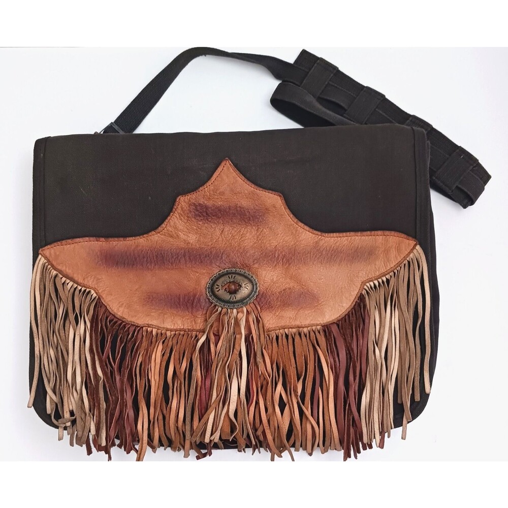 Lg Messenger Bag Fringe Trim Concho Western Accents Canvas Distressed Leather